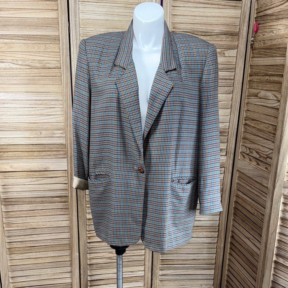 Sag Harbor Classic Checkered Blazer Blue Brown Pink Teal Lined Shoulder Pad 20W